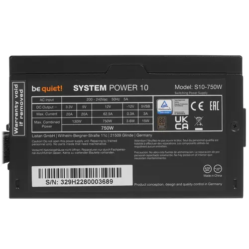 Блок питания Be quiet! System Power 10 (BN329) [750 Вт, 80 PLUS Bronze, 5x SATA, 2x 6+2 pin PCIe, 1x 4+4 pin CPU, ATX]